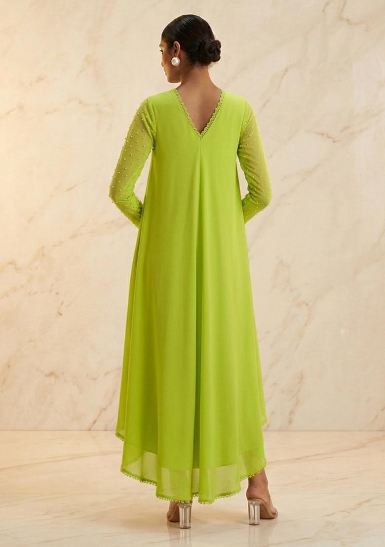 Lime Green Hand Work Sleeveless Fusion Set - Indya