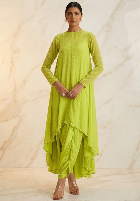 Lime Green Hand Work Sleeveless Fusion Set