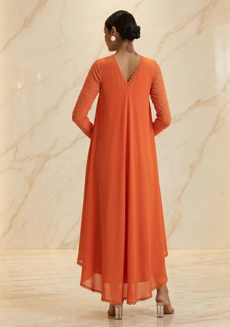 Orange Hand Work Sleeveless Fusion Set - Indya