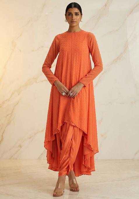 Orange Hand Work Sleeveless Fusion Set