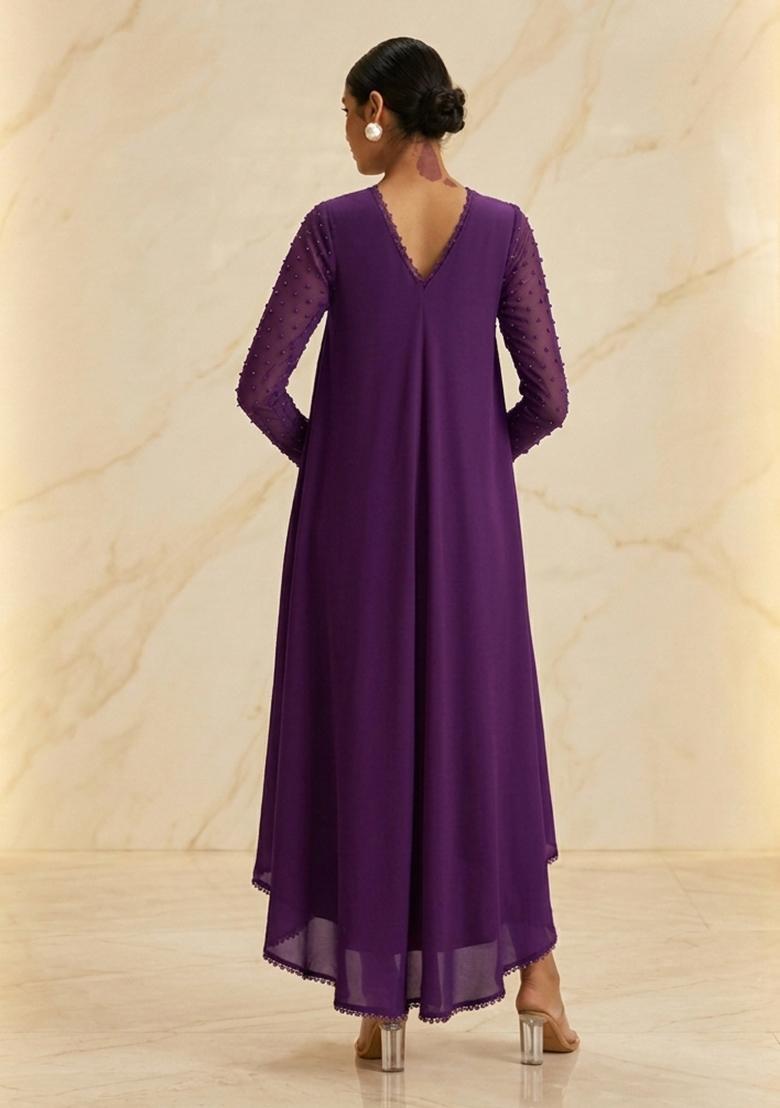 Purple Hand Work Sleeveless Fusion Set - Indya