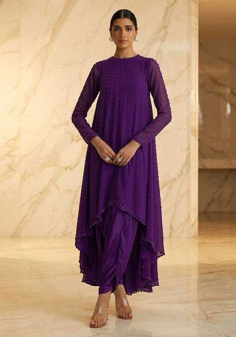 Purple Hand Work Sleeveless Fusion Set