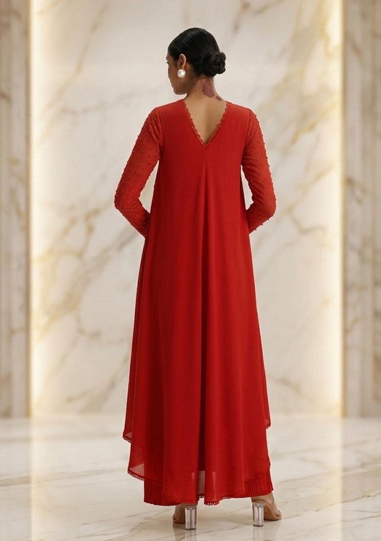 Red Hand Work Sleeveless Fusion Set - Indya