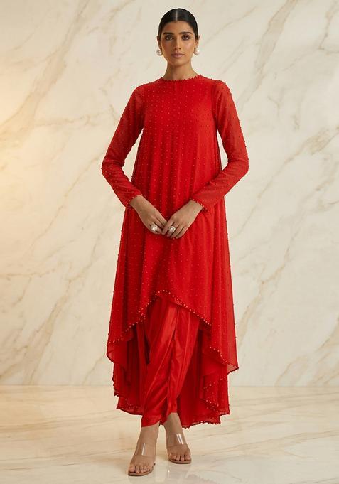 Red Hand Work Sleeveless Fusion Set