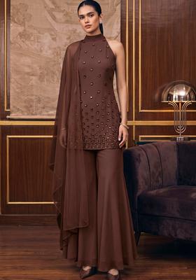 Brown Embroidered Handwork Sharara Set