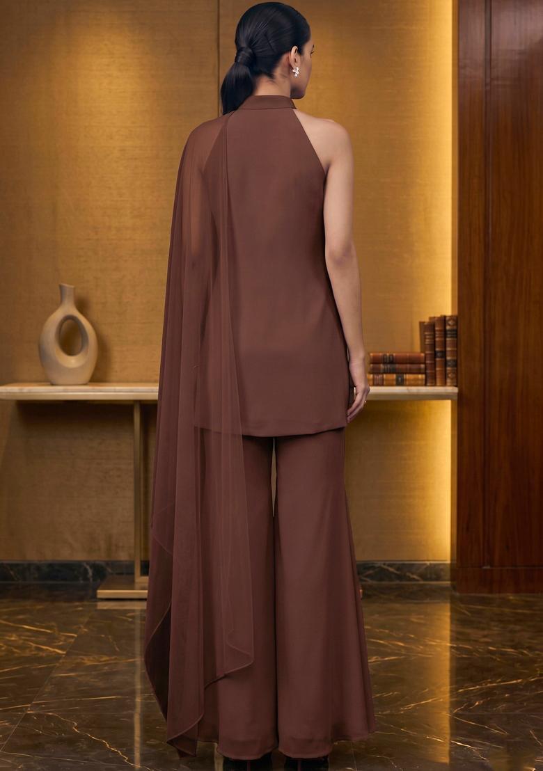 Brown Embroidered Handwork Sharara Set - Indya