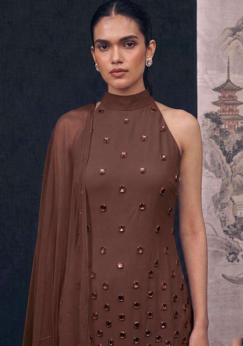 Brown Embroidered Handwork Sharara Set - Indya