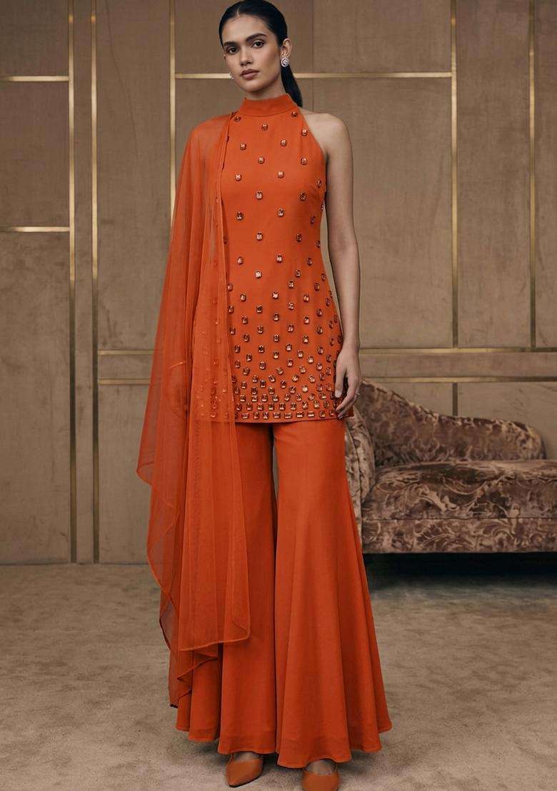 Orange Embroidered Handwork Sharara Set - Indya