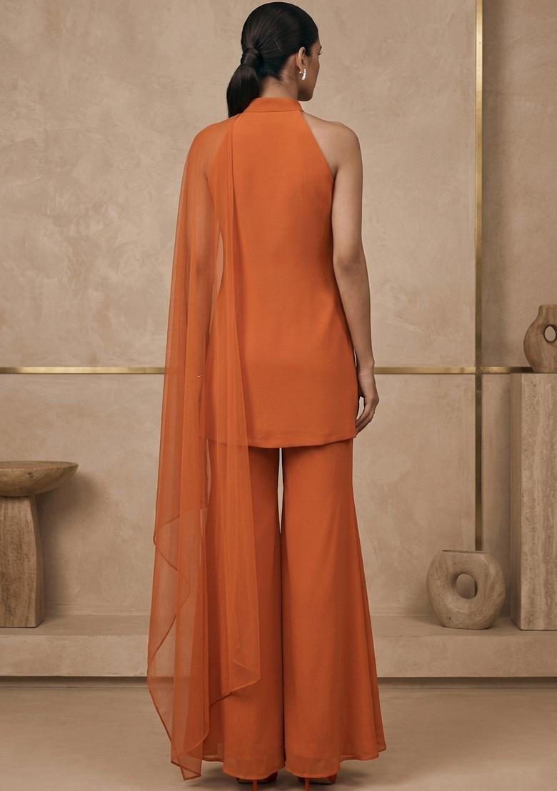Orange Embroidered Handwork Sharara Set - Indya
