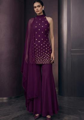 Purple Embroidered Handwork Sharara Set