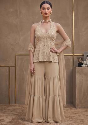 Beige Embroidered Handwork Sharara Set