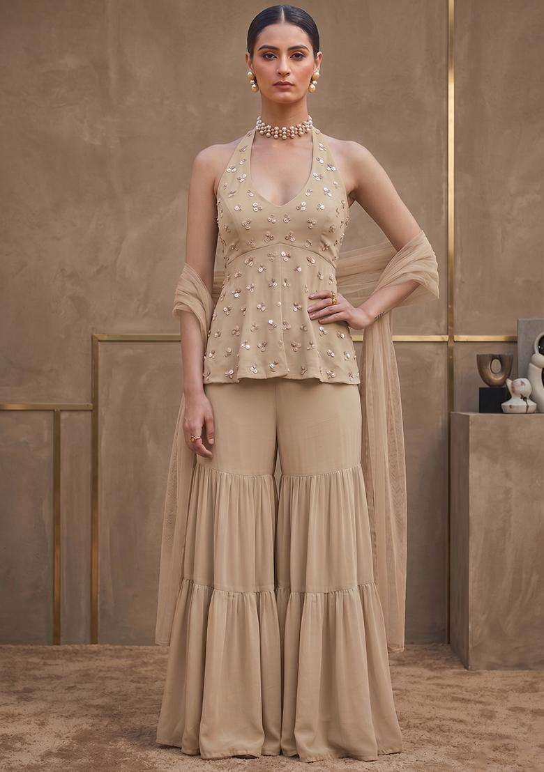 Beige Embroidered Handwork Sharara Set - Indya