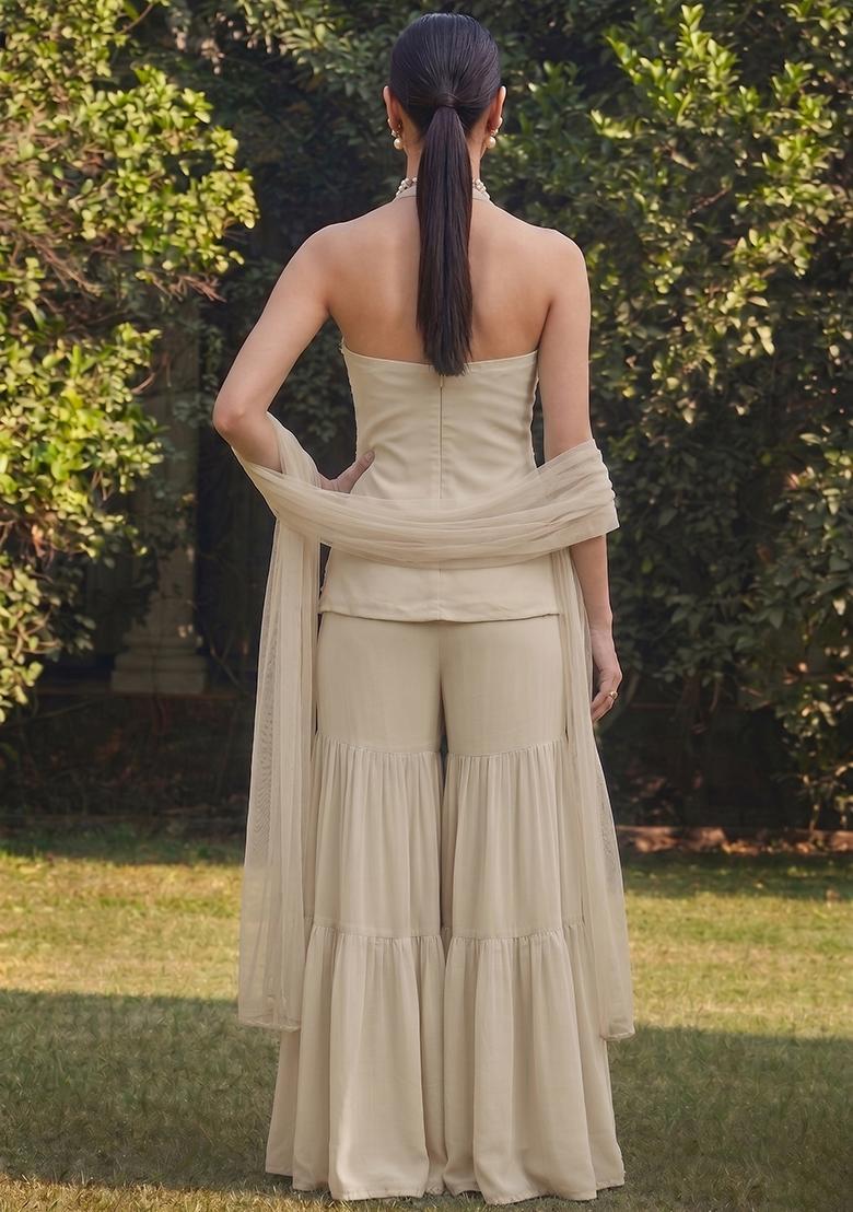 Beige Embroidered Handwork Sharara Set - Indya