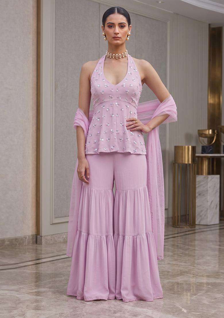 Lilac Embroidered Handwork Sharara Set - Indya