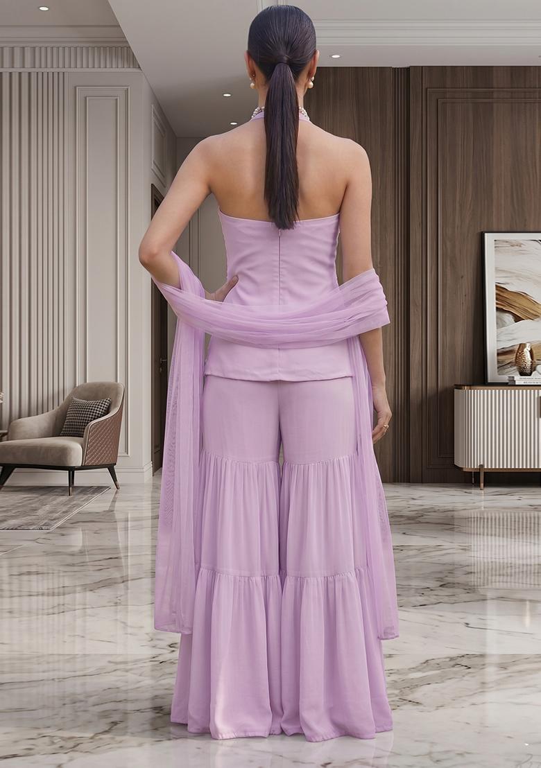Lilac Embroidered Handwork Sharara Set - Indya