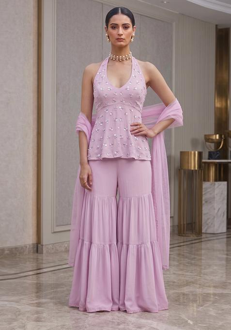 Lilac Crepe Handwork Sharara Set