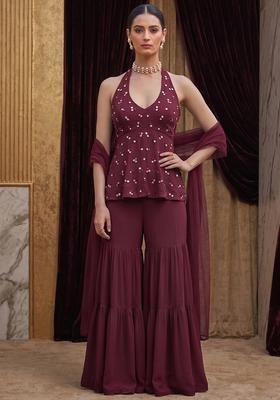 Wine Embroidered Handwork Sharara Set