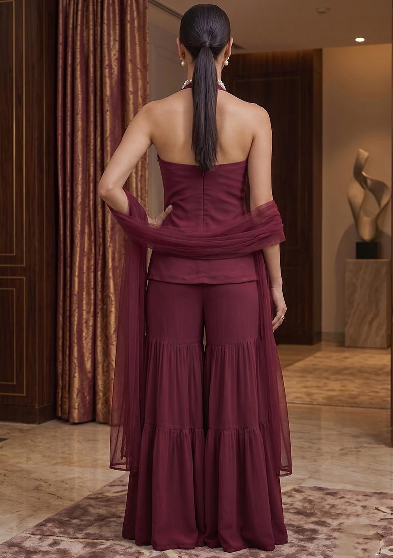 Wine Embroidered Handwork Sharara Set - Indya