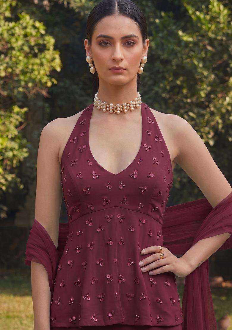 Wine Embroidered Handwork Sharara Set - Indya
