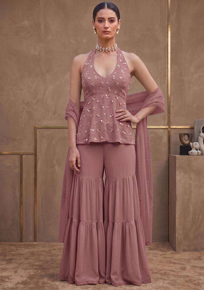 Mauve Embroidered Handwork Sharara Set - Indya