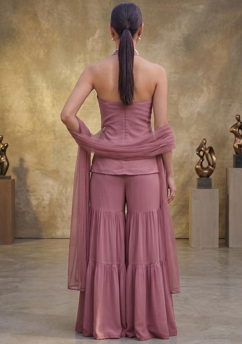 Mauve Embroidered Handwork Sharara Set - Indya
