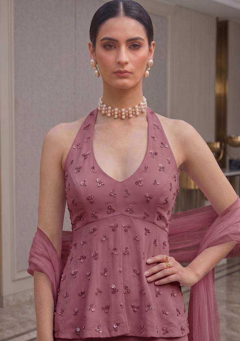 Mauve Embroidered Handwork Sharara Set - Indya