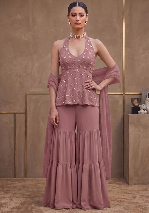 Mauve Crepe Handwork Sharara Set