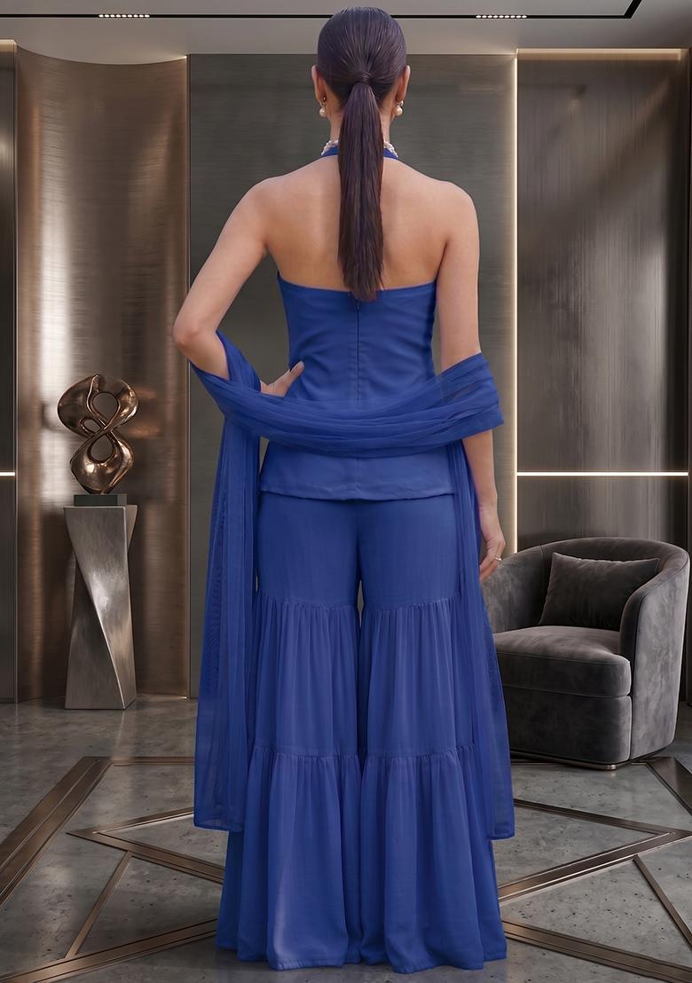Royal Blue Embroidered Handwork Sharara Set - Indya