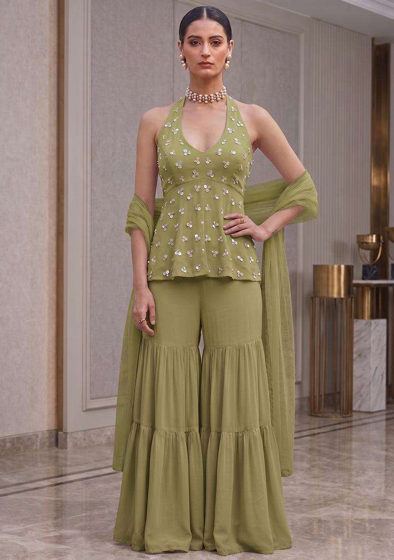 Olive Green Embroidered Handwork Sharara Set - Indya