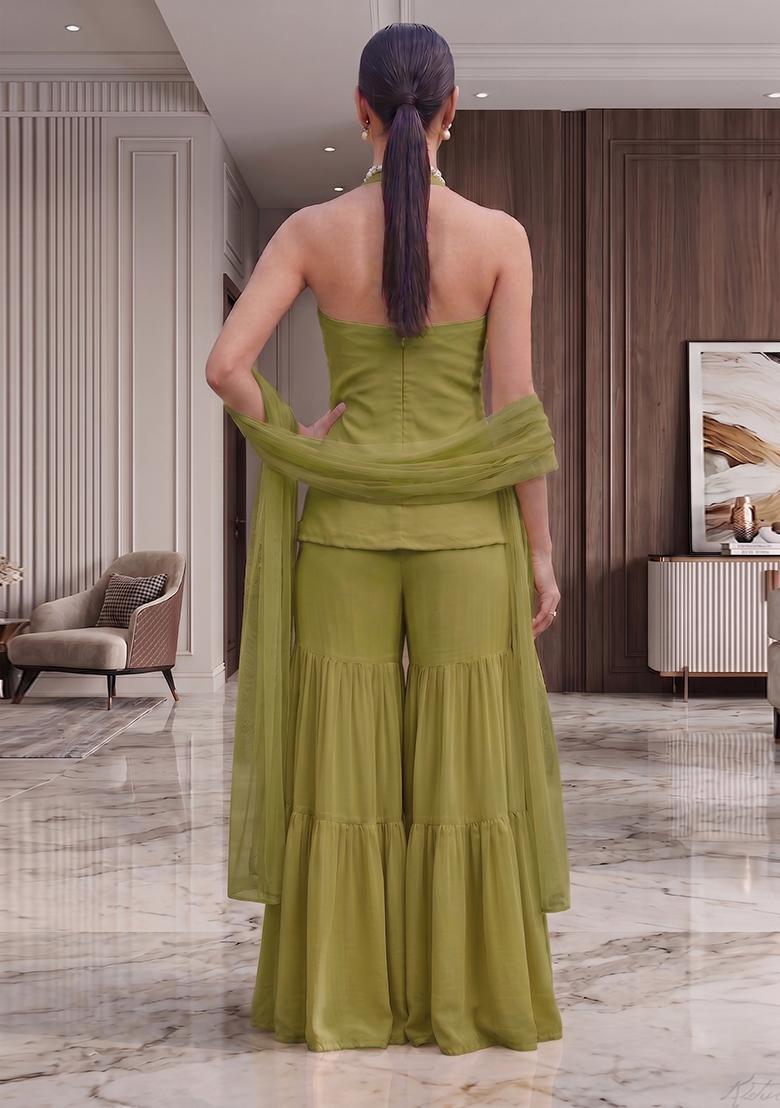 Olive Green Embroidered Handwork Sharara Set - Indya