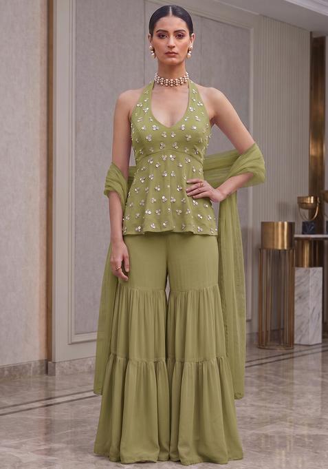 Olive Green Crepe Handwork Sharara Set