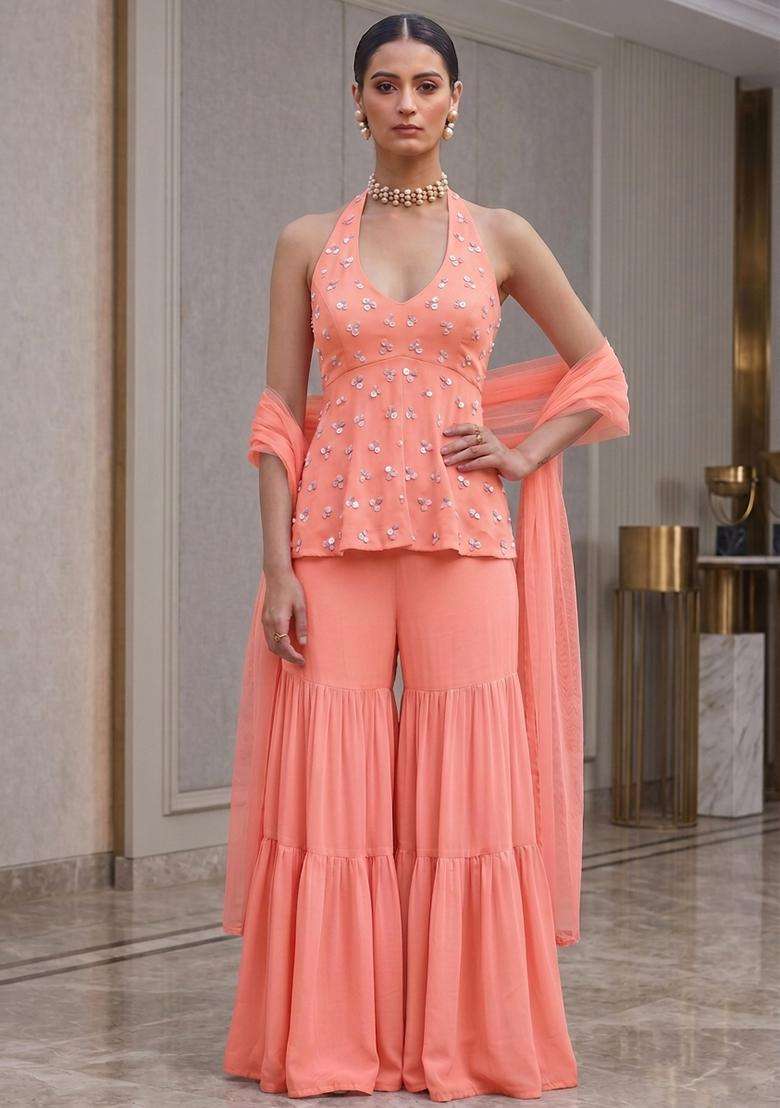Coral Embroidered Handwork Sharara Set - Indya