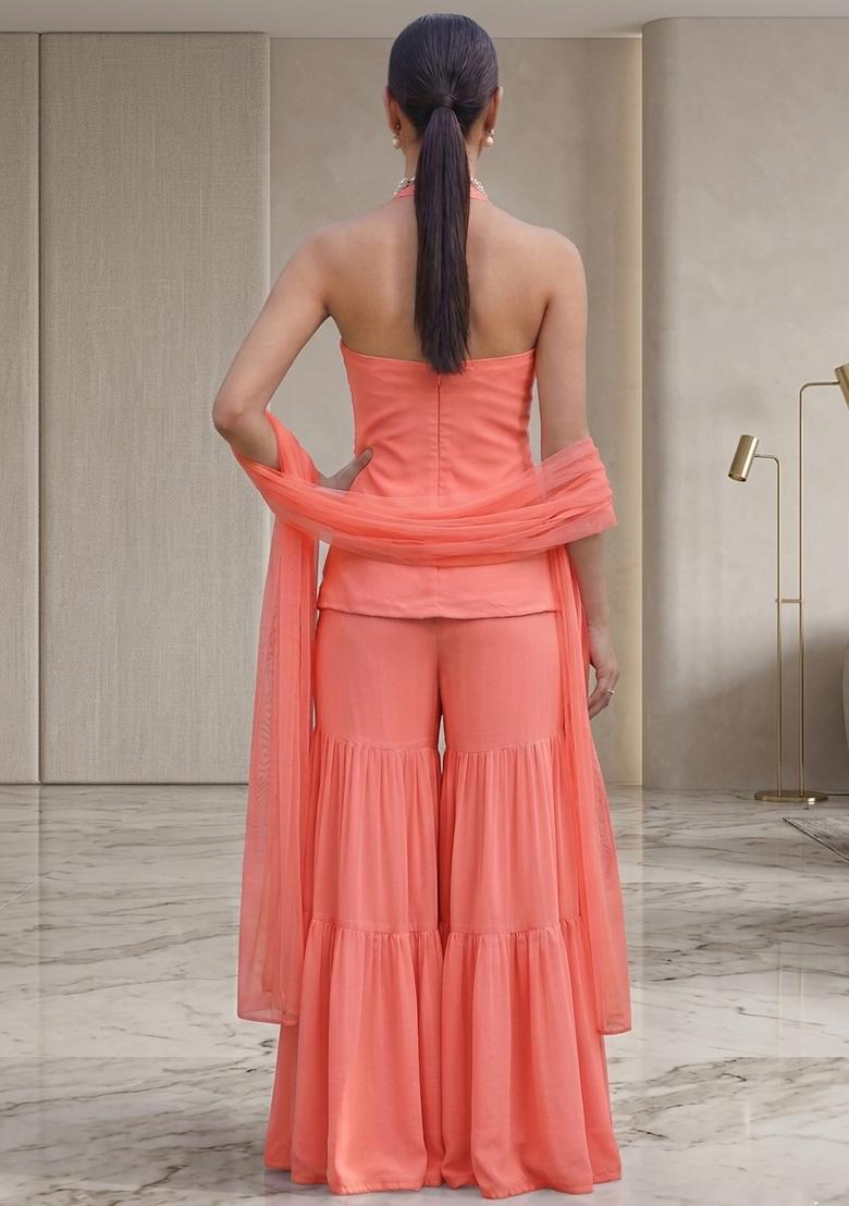 Coral Embroidered Handwork Sharara Set - Indya