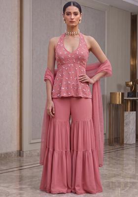 Pink Embroidered Handwork Sharara Set