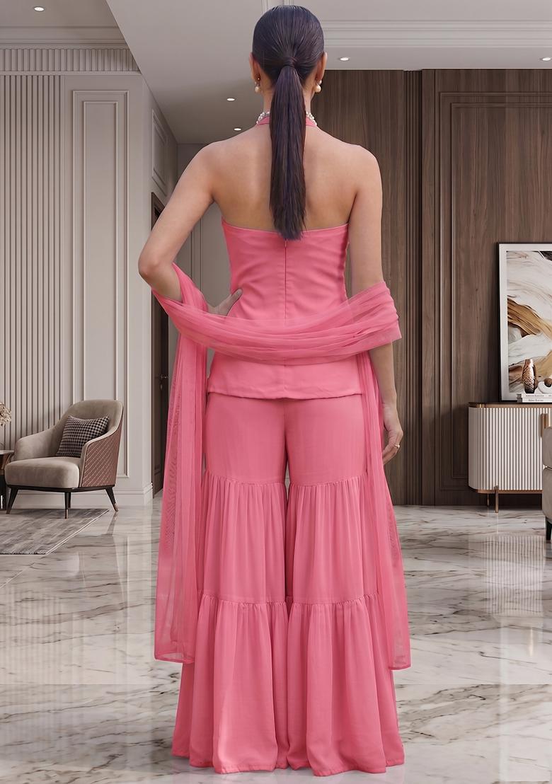 Pink Embroidered Handwork Sharara Set - Indya