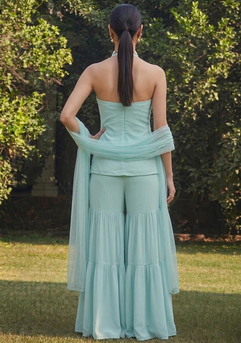 Pastal Blue Crepe Handwork Sharara Set - Indya