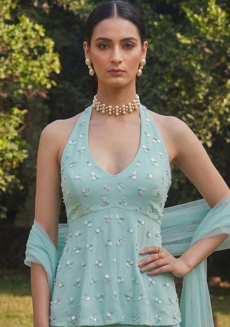 Pastal Blue Crepe Handwork Sharara Set - Indya
