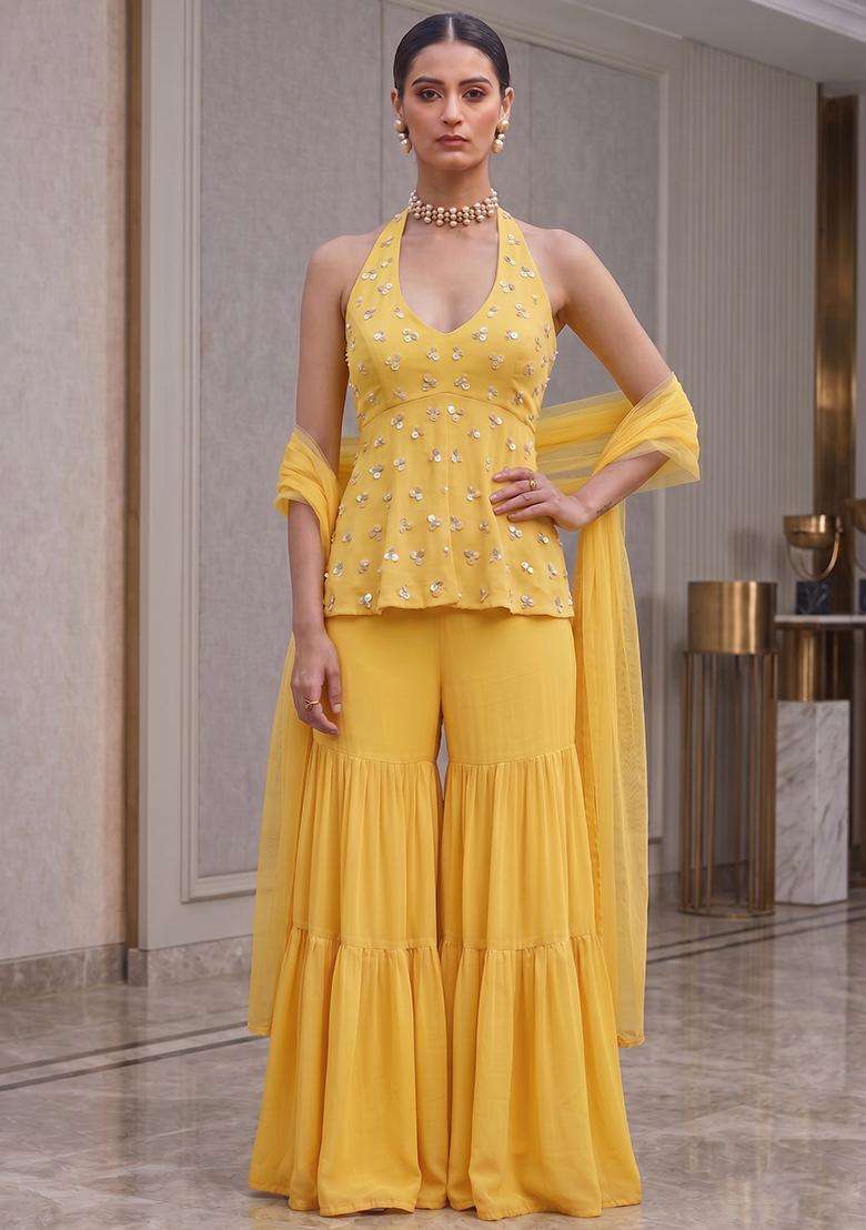 Sunflower Yellow Embroidered Handwork Sharara Set - Indya