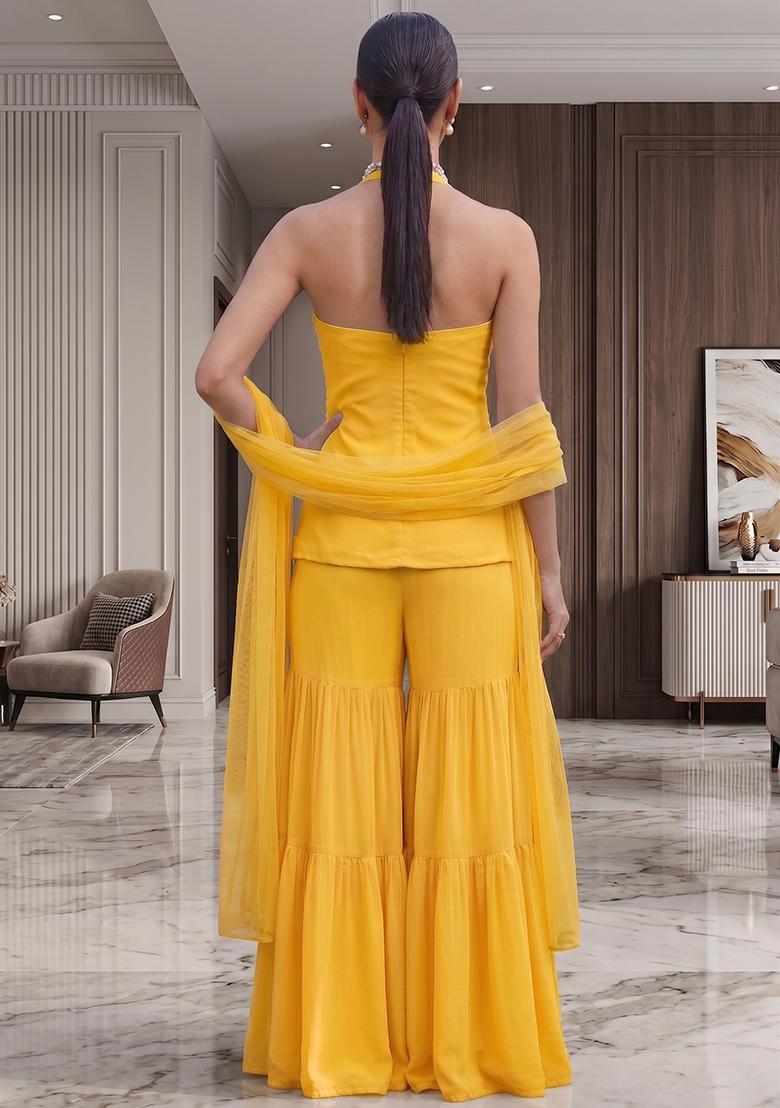 Sunflower Yellow Embroidered Handwork Sharara Set - Indya