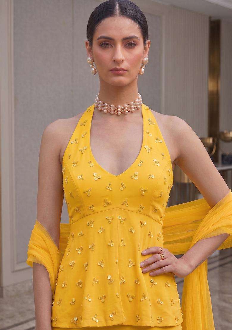 Sunflower Yellow Embroidered Handwork Sharara Set - Indya