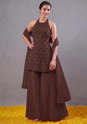Chocolate Brown Embroidered Handwork Fusion Set