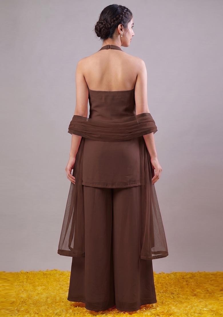 Chocolate Brown Embroidered Handwork Fusion Set - Indya