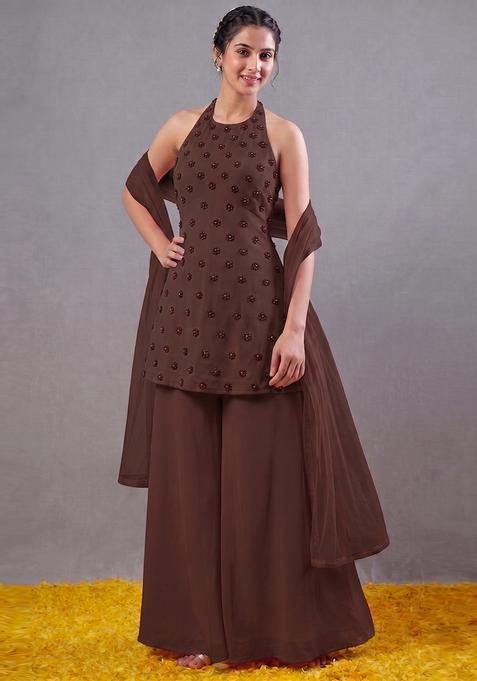 Chocolate Brown Crepe Handwork Fusion Set