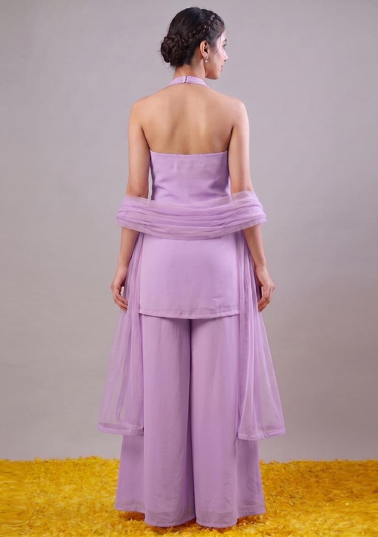 Lavender Embroidered Handwork Fusion Set - Indya