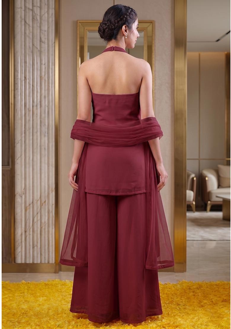 Maroon Embroidered Handwork Fusion Set - Indya