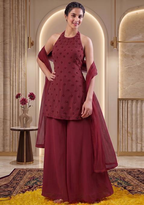 Maroon Embroidered Handwork Fusion Set