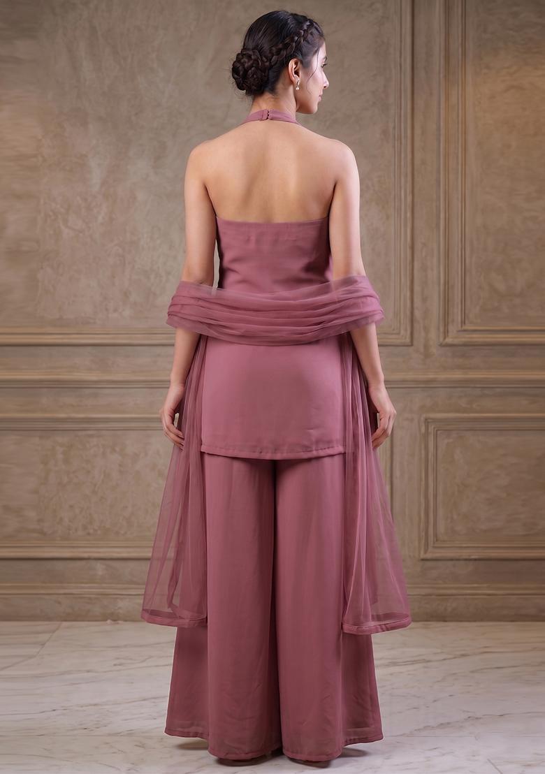 Mauve Embroidered Handwork Fusion Set - Indya