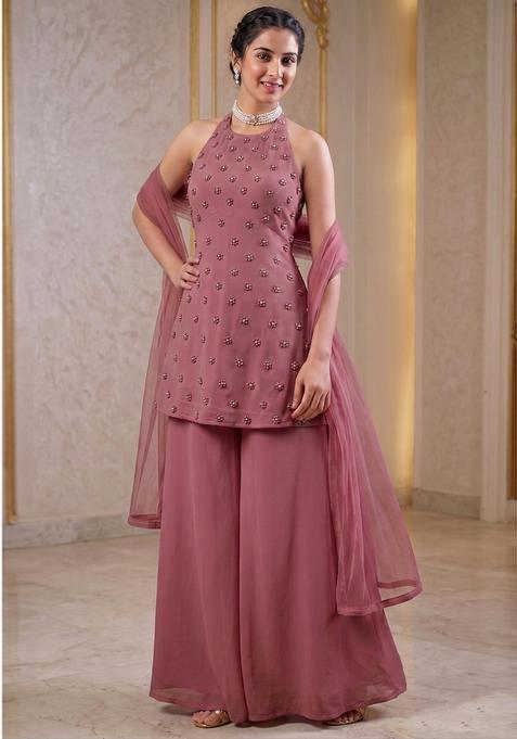 Mauve Embroidered Handwork Fusion Set