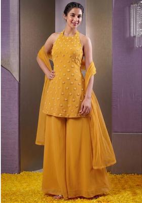 Mustard Embroidered Handwork Fusion Set