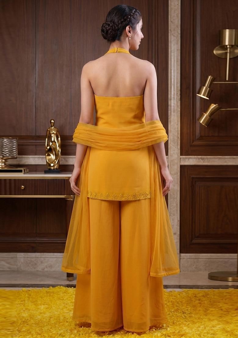 Mustard Embroidered Handwork Fusion Set - Indya